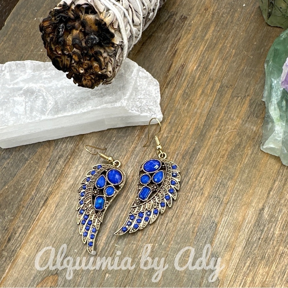 Maximalist brass and sapphire blue crystal chunky wings dangle earrings
